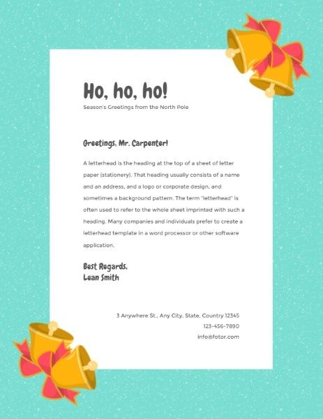 festive, greeting, santa, Blue Cute Bell Holiday Letter Letterhead Template
