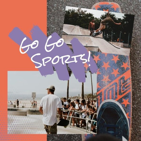 exercise, fitness, life, Orange Skateboard Sports Collage Instagram Post Template