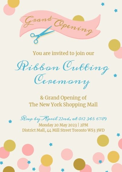 celebration, business, ribbon cutting ceremony, Pink And Yellow Grand Opening Cutting Ribbon Invitation Template