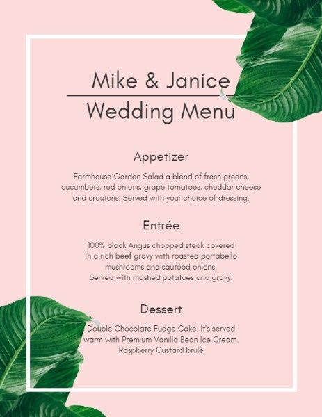 dinner, food, cuisine, Pink Green Wedding Menu Template