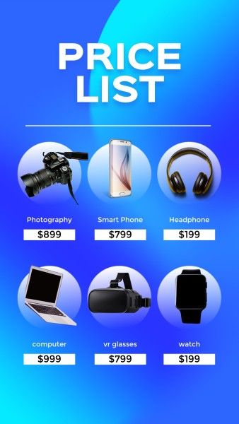 pricelist, 3c, camera, Blue Price List Items Instagram Story Template