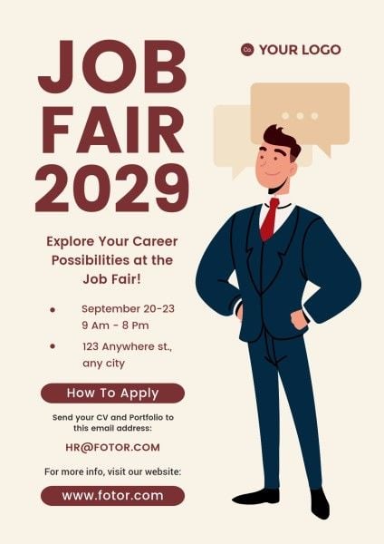 hiring, hire, employment, Beige Brown Illustration Job Fair Poster Template