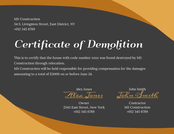Demolition Certificate Certificate