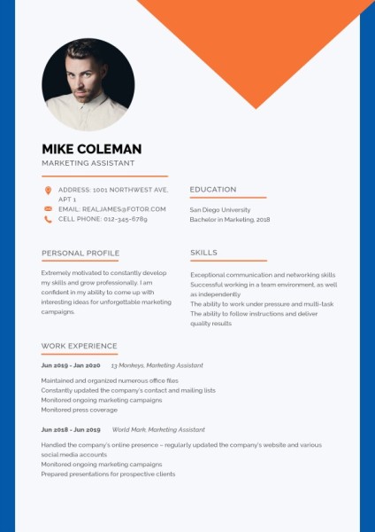 Marketing Assistant Blue Orange Simple Resume Resume