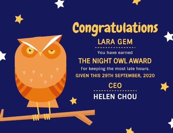 night owl award, official, prize, Humor Certificate Template