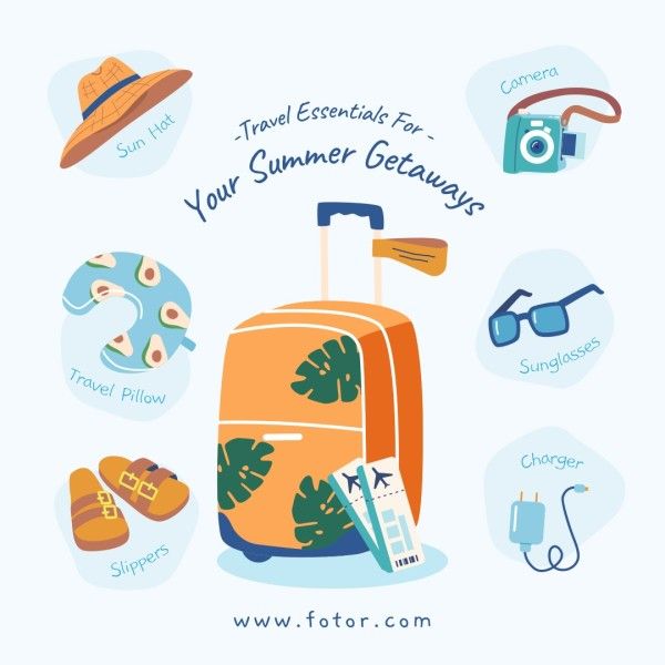 tourism, trip, vacation, Blue Illustration Summer Travel Essentials Instagram Post Template