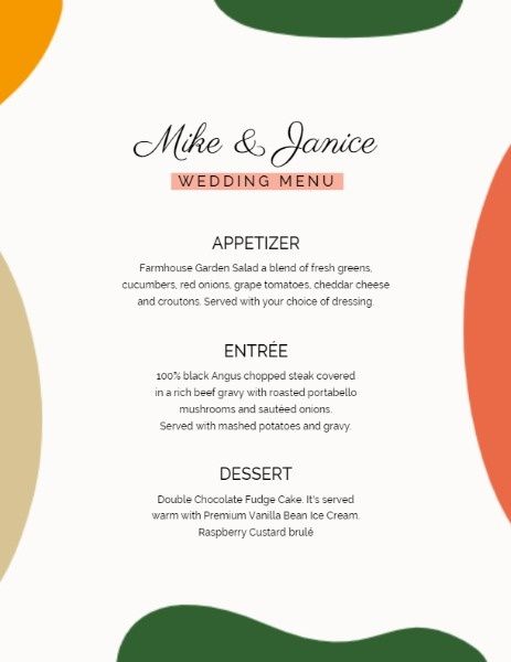 food, cuisine, dishes, Colorful Wedding Dinner Menu Template