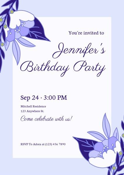 Purple Floral Birthday Party Invitation  招待状