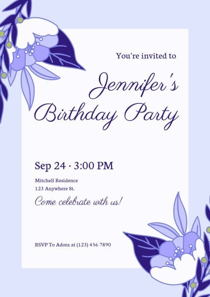 Purple Floral Birthday Party Invitation 