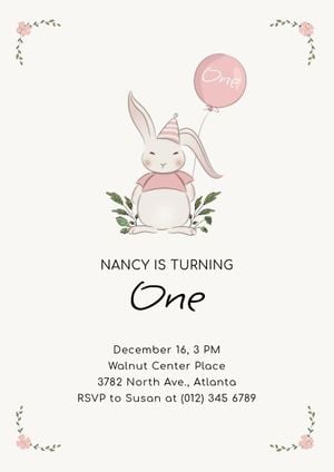 invite, kid, bunny, Cream White And Pink Cute Cartoon Baby Birthday Invitation Template