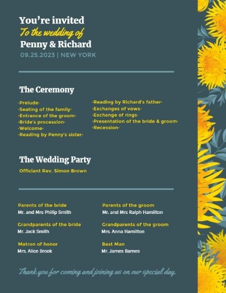 緑と黄色の菊の結婚式イベントプログラム プログラム