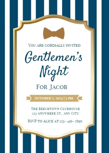bridalshower, bachelor party, party, Blue And Golden Gentlemen's Night Invitation Template