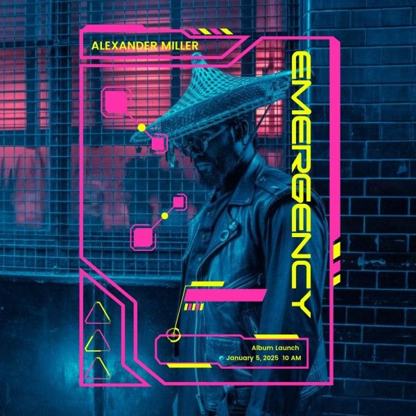 cyberpunk, business, commercial, Blue Pink Emergency Album Launch Album Cover Template