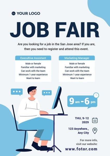 hiring, hire, employment, White And Blue Illustration Job Fair Poster Template