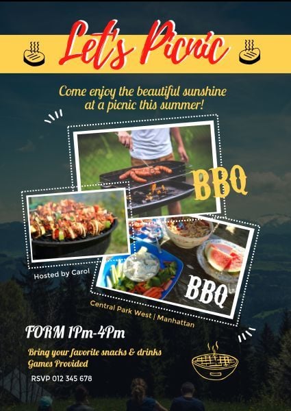 gourmet, snacks, grills, Summer Picnic And BBQ Party Invitation Template