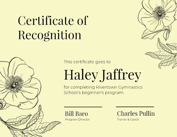 course certificate, couse, program award, Yello Recognition Certificate Template