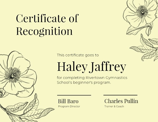 Yello Certificate Of Recognition Certificate