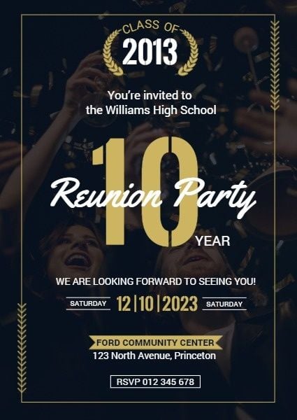 classmates, classes, schools, Black And Golden Class Reunion Party Invitation Template