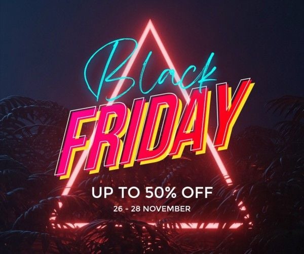 sale, promotion, tropical, Retro Neon Black Friday Discount Facebook Post Template