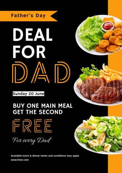 father's day, food, salad, Black Deal For Dad Restaurant Poster Template
