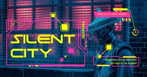 silent city, business, promotion, Purple Cyberpunk Movie Premiere Facebook Event Cover Template