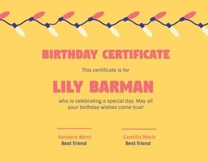 ceritificate, happiness, friends, Yellow Birthday Certificate Template