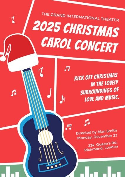music, holiday, event, Red Cartoon Christmas Carol Concert Poster Template