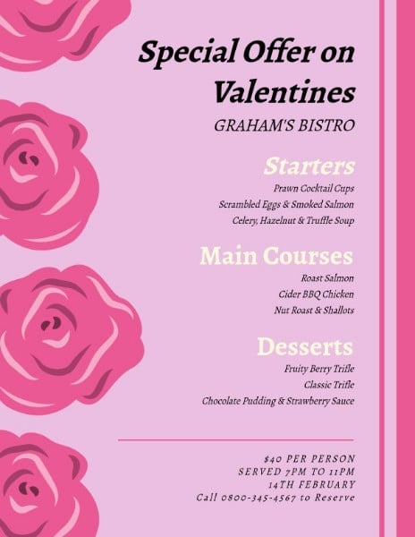 Pink Flower Valentine Food Special Offer Sale Menu