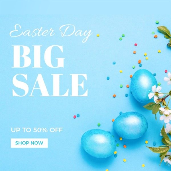discount, shop, online shop, Blue Decorated Eggs Photo Easter Day Big Sale Instagram Post Template