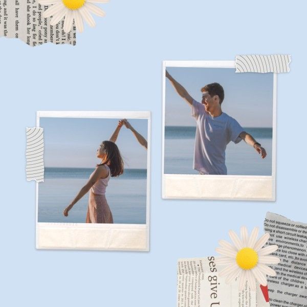 love, couple, valentine, Blue Floral Scrapbook Collage Photo Collage (Square) Template