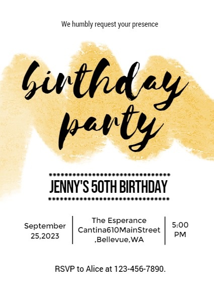 シンプルな白と黄色の誕生日パーティー 招待状