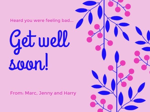 sick, recovery, health, Purple And Blue Floral Get Well Soon Card Template