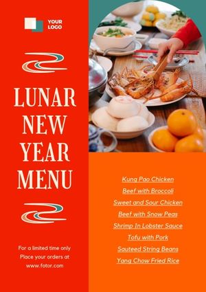 chinese new year, traditional chinese new year, year of the tiger, Red Orange Lunar New Year Food Menu Poster Template