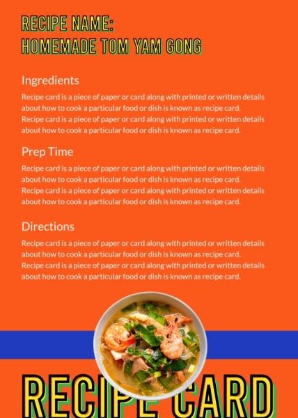 cooking, meal, tom yam gong, Orange Asian Food Thailand Recipe Card Template