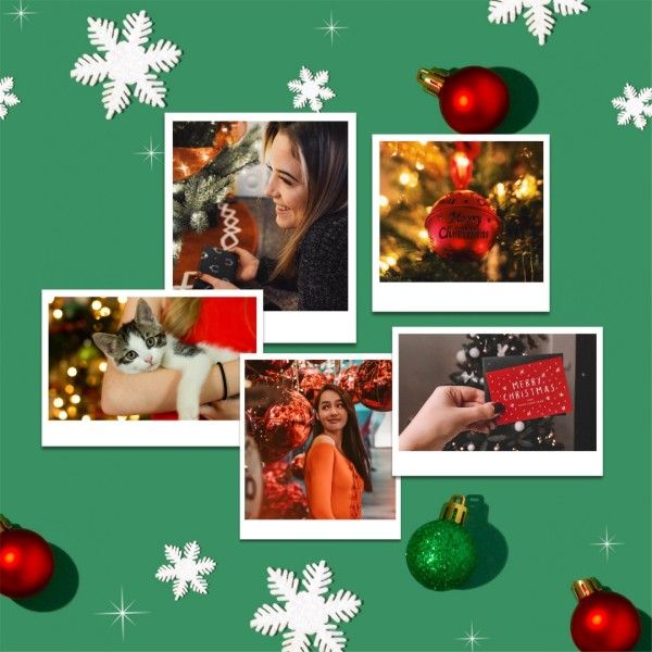 celebration, greeting, polaroid, Green Festive Background Christmas Holiday Photo Collage (Square) Template
