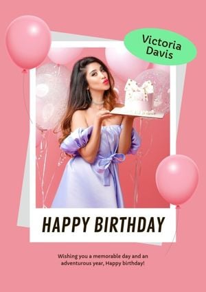 happy birthday, greeting, celebration, Pink 3d Balloons Birthday Polaroid Poster Template