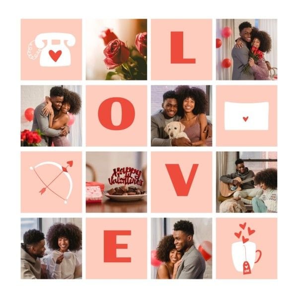 love, couple, montage, Pink Illustration Romantic Valentine's Day Photo Collage (Square) Template