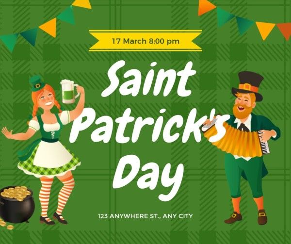 st patricks day, happy st patricks day, st. patrick, Green Cartoon Saint Patricks Day Party Event Facebook Post Template