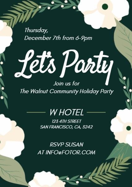celebration, occasion, parties, Green Floral Holiday Party Invitation Template