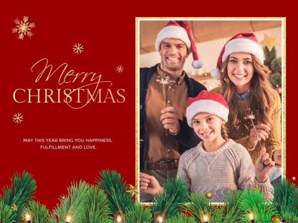 レッドクリスマスの家族写真 メッセージカード