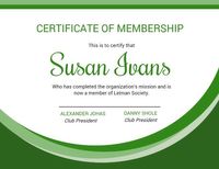 certificate of membership, club, association, Green Membership Certificate Template