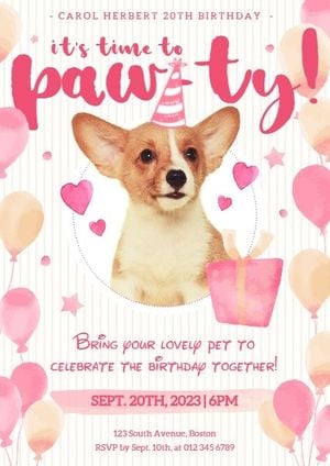 ピンク犬誕生日パーティー招待状 招待状