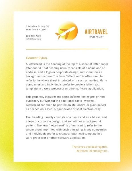 airtravel, airplane, traveler, Yellow Travel Agency Letterhead Template