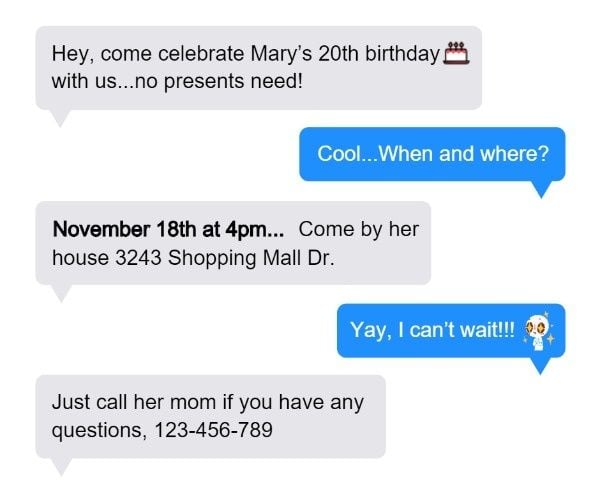 happy birthday, message, fake text, Fake Phone Text Birthday Invitation Facebook Post Template