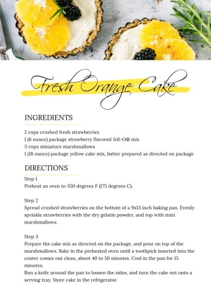 Simple White And Yellow Fresh Orange Cake Recipe Card