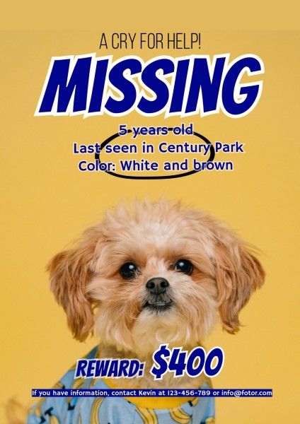 黄色の行方不明の犬の検索通知 ポスター