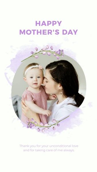 mothers day, mother day, greeting, Purple Watercolor Happy Mother's Day Instagram Story Template
