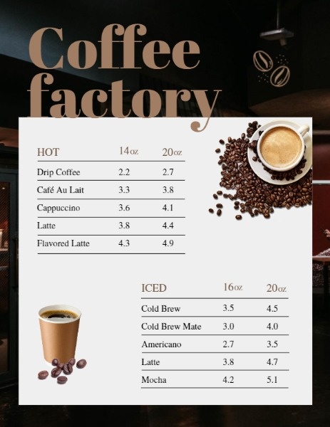 咖啡工厂饮料菜单 英文菜单