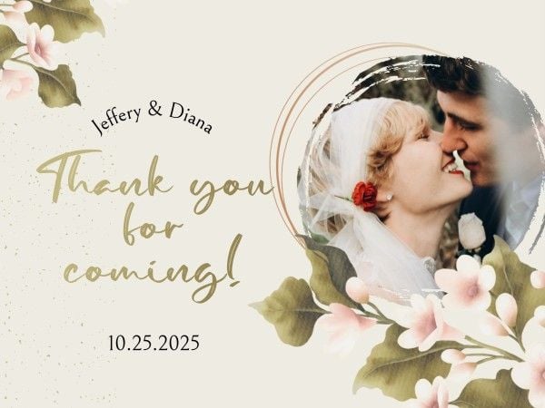 ベージュとグリーンイラストの花結婚式ありがとう メッセージカード