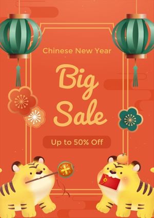 year of the tiger, promotion, new year promotion, Orange Cartoon Cute Chinese New Year Sale Poster Template
